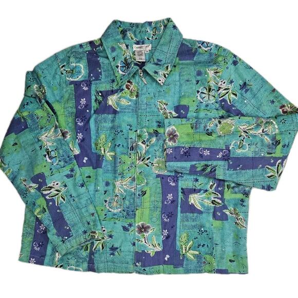 Coldwater Creek Jacket Women's 2x Zip Up Blue Floral Beaded Bedazzled Boho - Picture 1 of 8